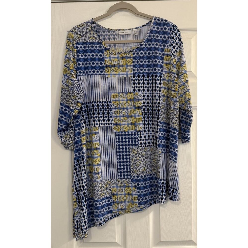 Susan Graver Liquid Knit Tunic Top Sz‎ 1X Blue Stretch Asymmetrical Hem Boho